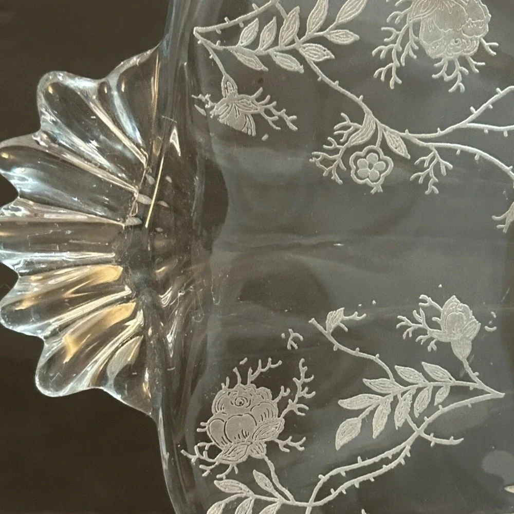 Fostoria Chintz Baroque Glass Floral Clear Dessert Plate Platter Vtg Decor MCM